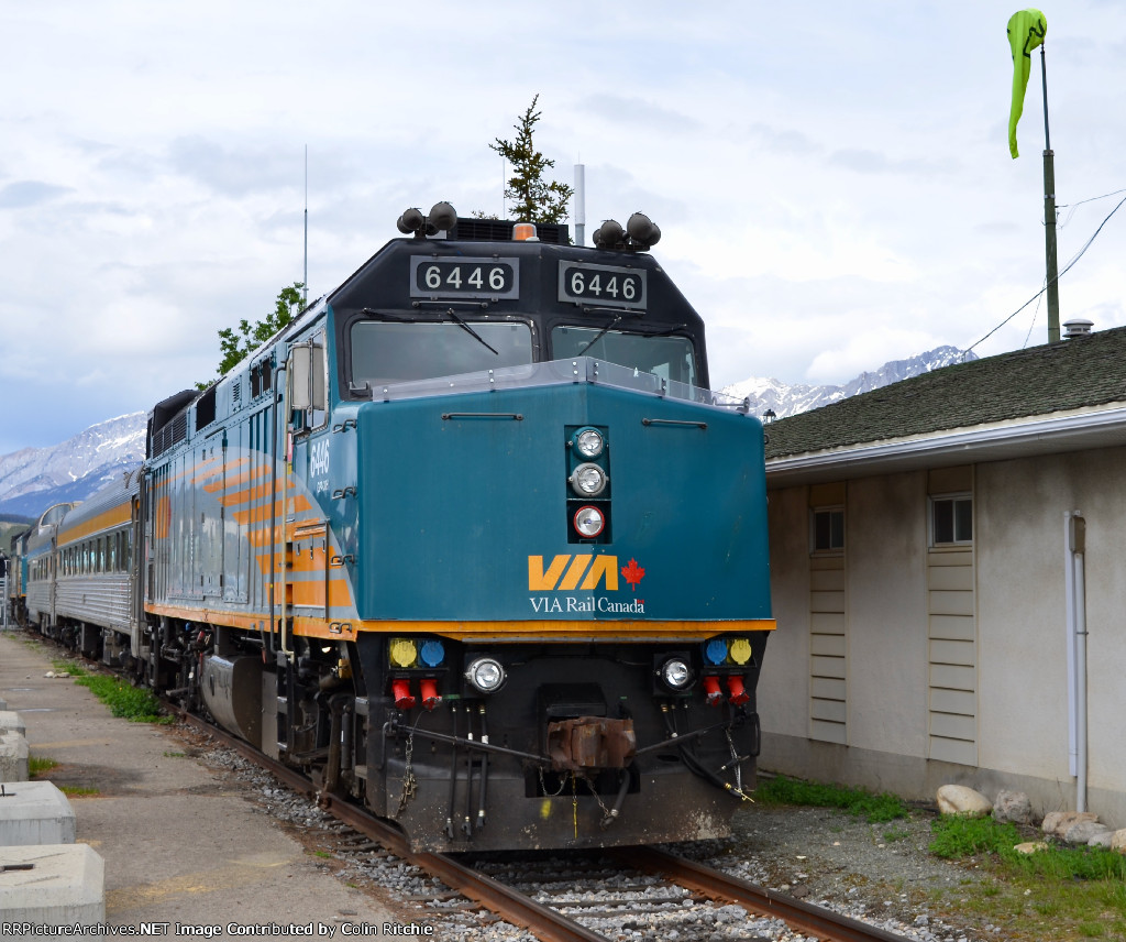 VIA 6446, roster shot, parked behind one of the CN Jasper Yard buildings.